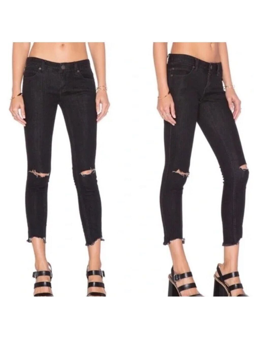 Free People Black Stretch Skinny Jeans Raw Hem Size 28
